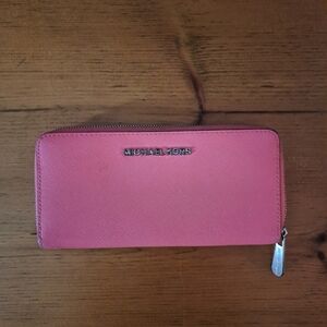 Michael Kors Pink Zip-Around Saffiano Wallet with Silver Hardware